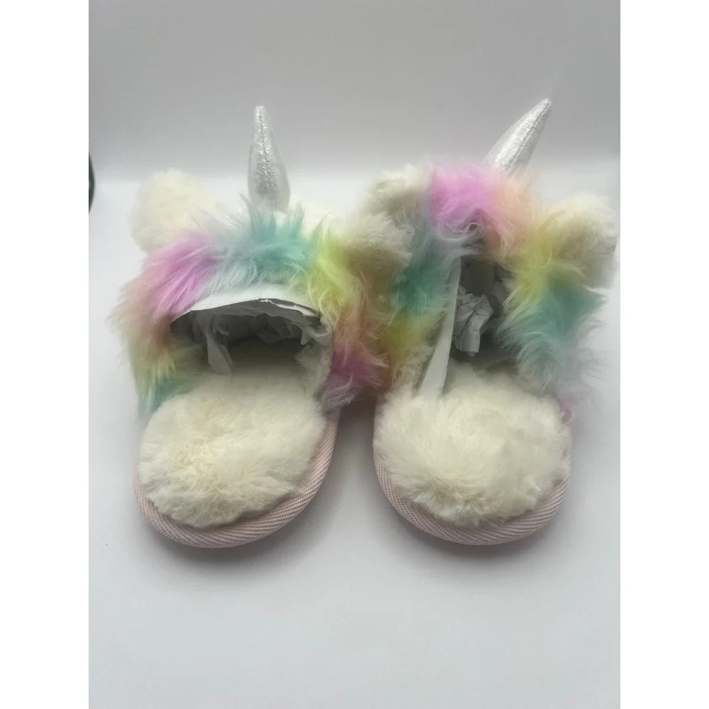 Cat & Jack Unicorn Slippers Kids Size S 13/1 Rainbow Faux Fur Plush Slip On Girl